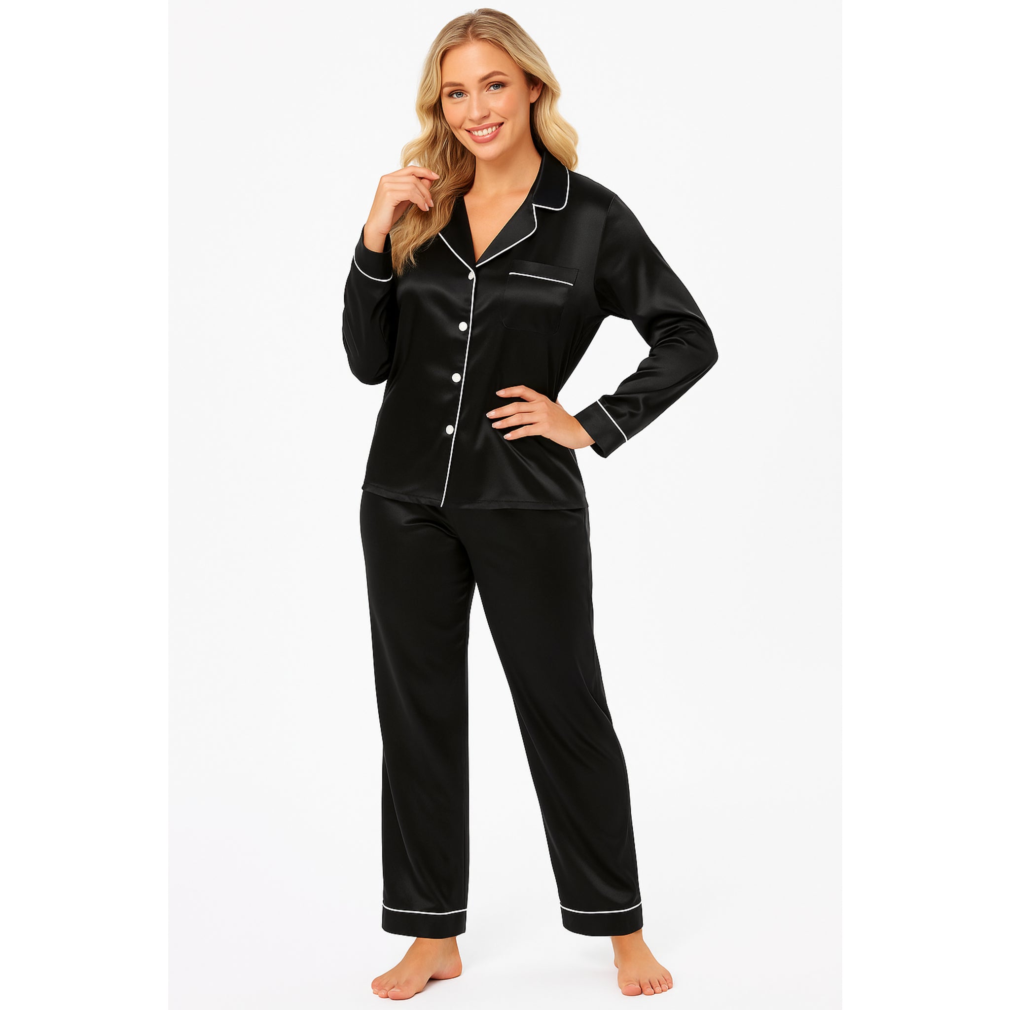 Women's soft silky touch satin pyjama set in Black with black piping, long sleeve button-up top and matching full-length trousers, comfortable nightwear